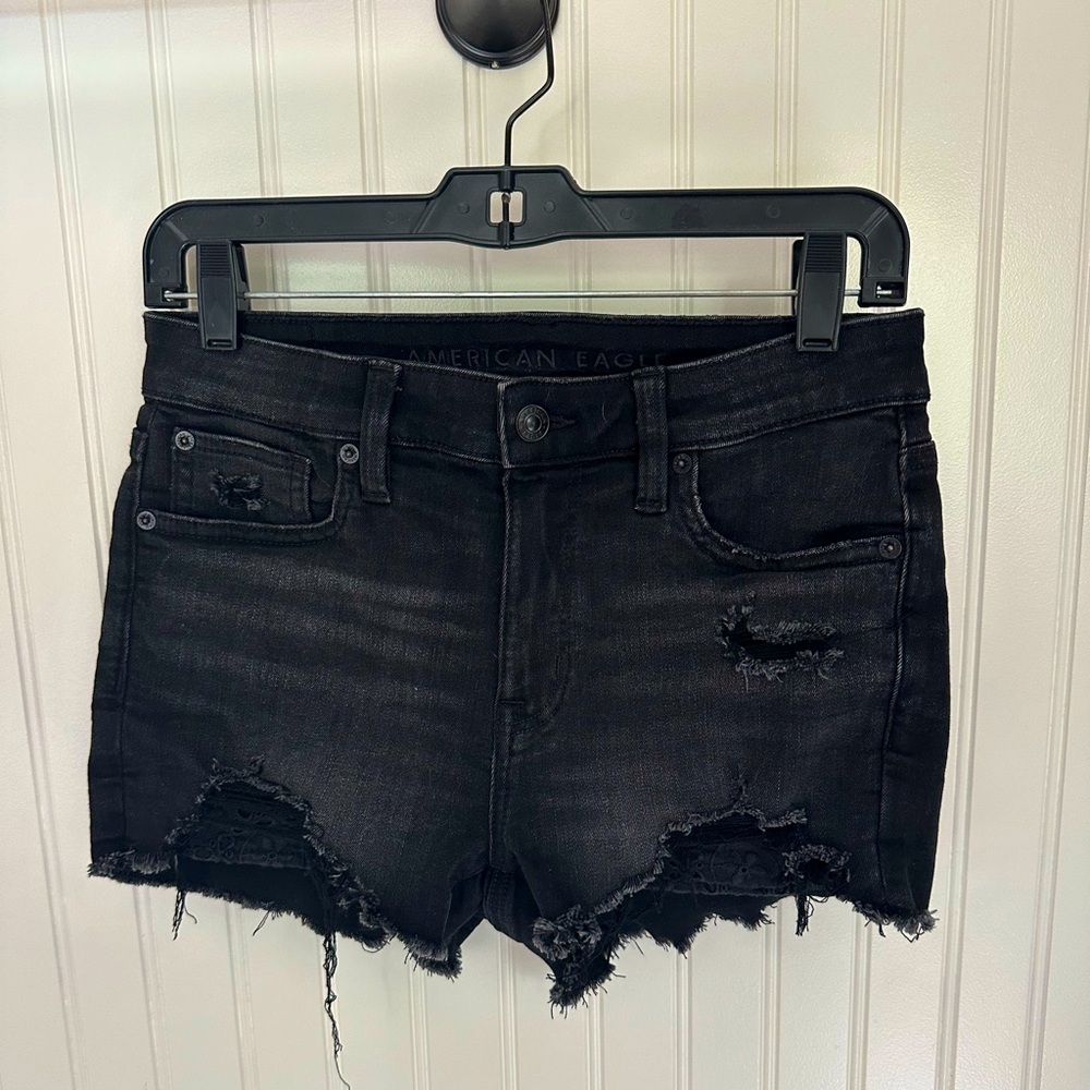 American Eagle Black Jean Shorts Distressed Frayed Hem